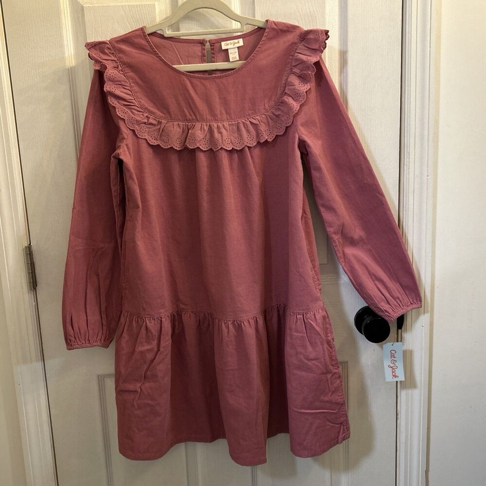 NWT Cat & Jack Girls Eyelet Ruffle Long Sleeve Dress – Mauve Size XXL (18)